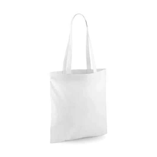 Valkoinen klassinen puuvillainen kangaskassi pitkillä kahvoilla ja omalla logopainatuksella, 140 g/m², 38 × 42 cm
