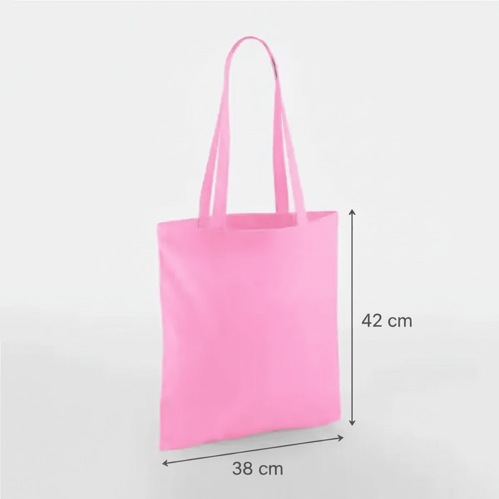 Classic pink cotton tote bag with long handles and custom print, 38 × 42 cm, shown with height and width measurement markings