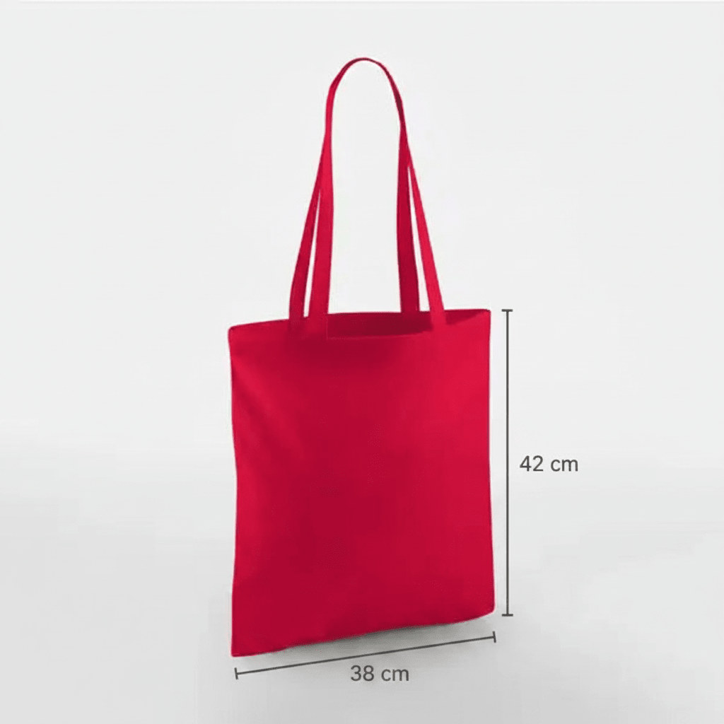 Classic red cotton tote bag with long handles and custom print, 38 × 42 cm, shown with height and width measurement markings