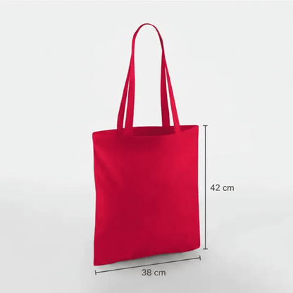 Classic red cotton tote bag with long handles and custom print, 38 × 42 cm, shown with height and width measurement markings