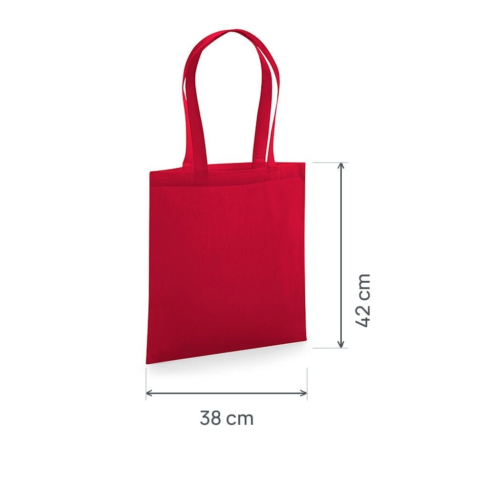 Classic Red GOTS certified organic premium cotton tote bag, 200 g/m², 38 × 42 cm, shown with height and width measurement markings