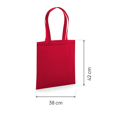 Classic Red GOTS certified organic premium cotton tote bag, 200 g/m², 38 × 42 cm, shown with height and width measurement markings
