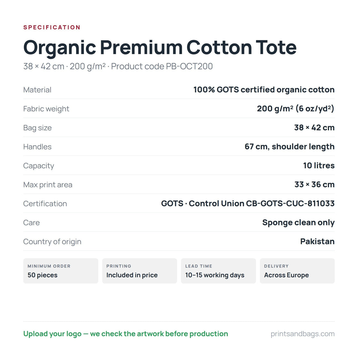 Specification of the 38 × 42 cm organic premium cotton tote bag: 100% GOTS certified organic cotton, 200 g/m², 10 litres, 67 cm handles, 33 × 36 cm print area