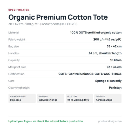 Specification of the 38 × 42 cm organic premium cotton tote bag: 100% GOTS certified organic cotton, 200 g/m², 10 litres, 67 cm handles, 33 × 36 cm print area