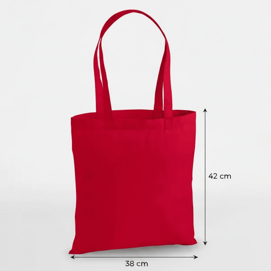 Sac cabas premium en coton rouge classique 200 g/m² avec dimensions en cm et en pouces