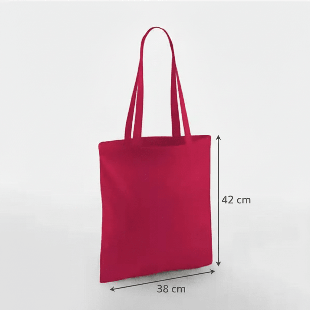 Cranberry red classic cotton tote bag with long handles and custom print, 38 × 42 cm, shown with height and width measurement markings