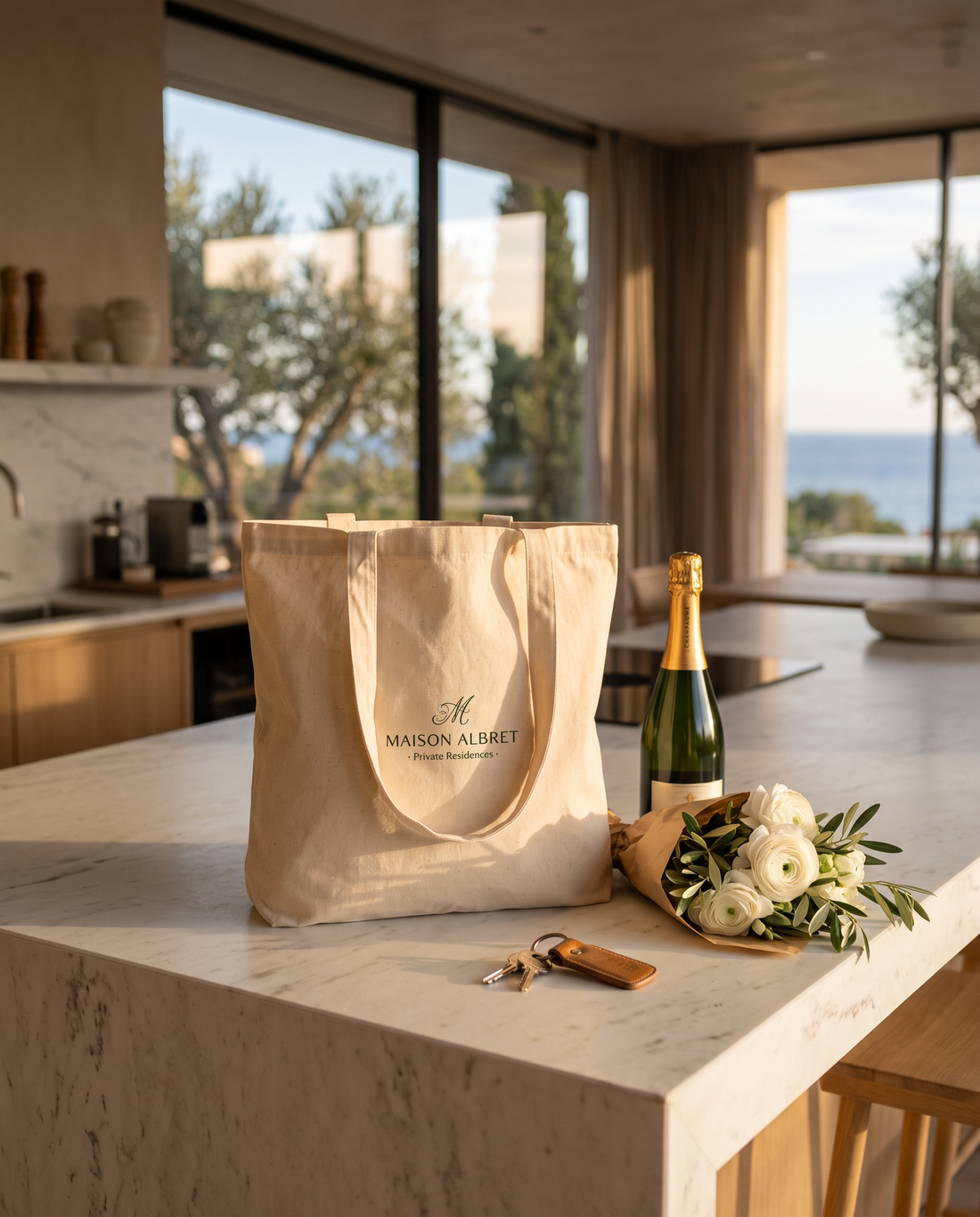 Bolsa de tela natural con un logo inmobiliario discreto sobre la isla de cocina de una villa, con llaves, champán y flores como regalo de entrega de llaves