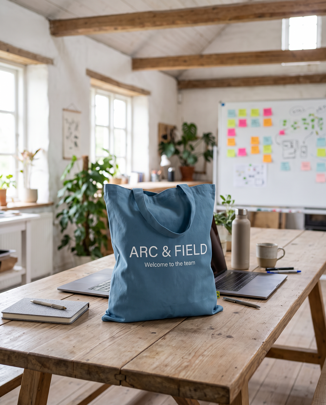 Tote bag personnalisé bleu imprimé « Welcome to the team » sur une table d'atelier, dans le kit d'accueil des nouveaux collaborateurs d'un cabinet de conseil