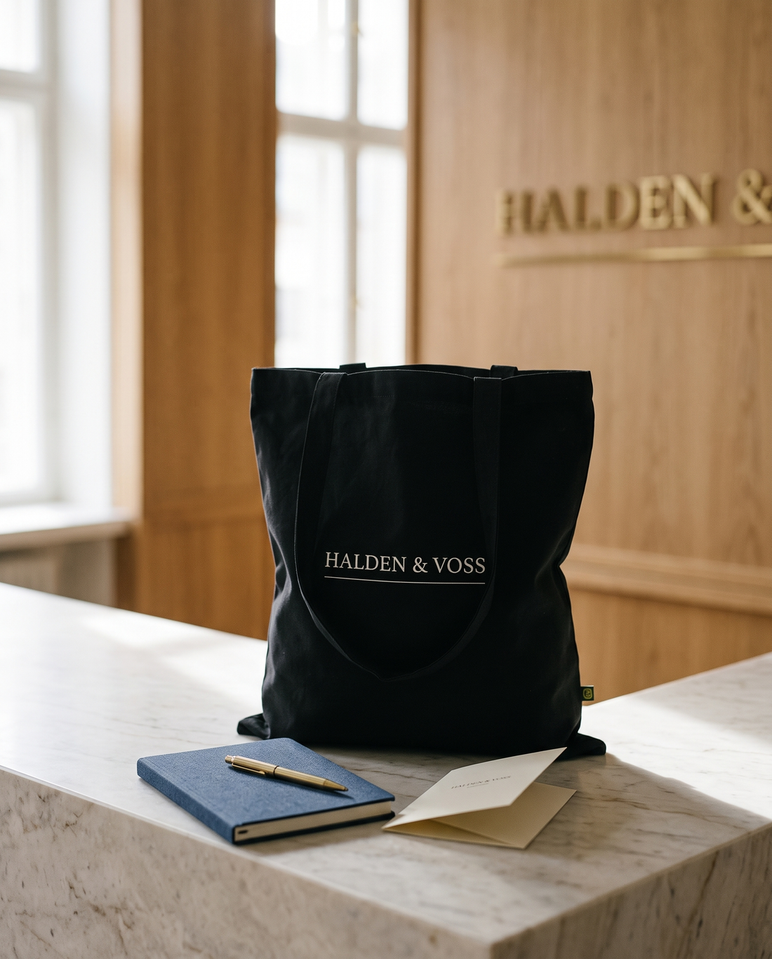 Tote bag personnalisé noir avec le logo d'un cabinet d'avocats sur un comptoir d'accueil en marbre, avec un carnet et un stylo en kit de bienvenue pour les clients