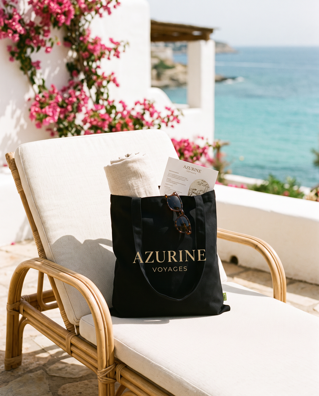 Tote bag personnalisé noir avec le logo doré d'une agence de voyages sur un transat d'une terrasse d'hôtel méditerranéenne, en sac de bienvenue pour un voyage incentive