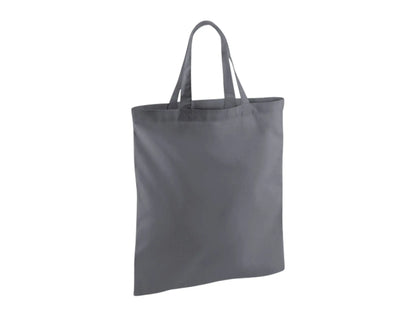 Dark grey cotton tote bag with short handles and custom logo print, 140 g/m², 38 × 42 cm