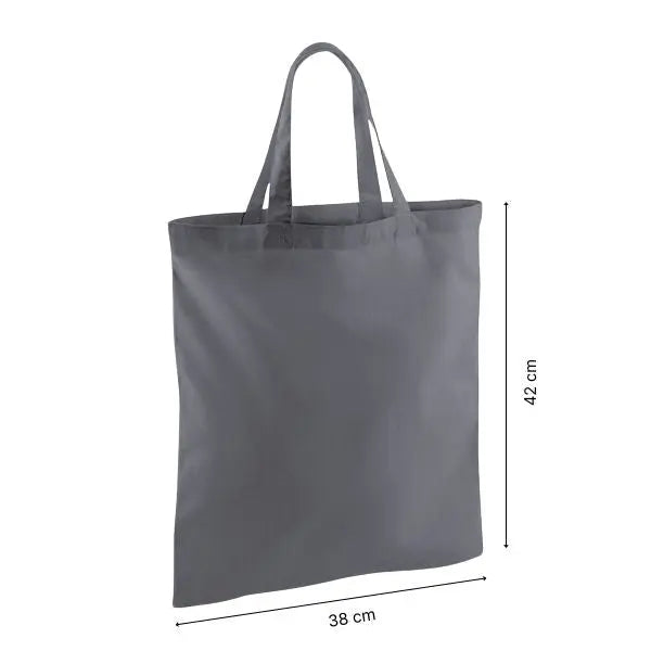 Dark grey cotton tote bag with short handles and custom print, 38 × 42 cm, shown with height and width measurement markings