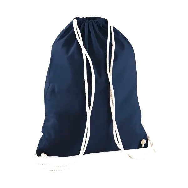 Sacca in cotone con coulisse blu navy con stampa del logo personalizzata, 140 g/m²