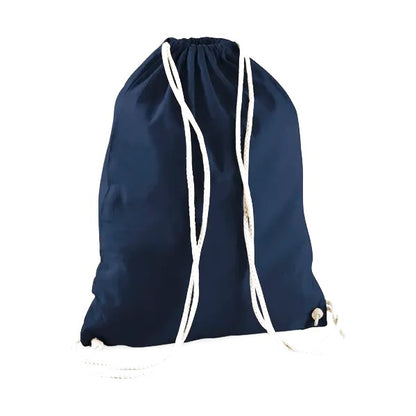 Sacca in cotone con coulisse blu navy con stampa del logo personalizzata, 140 g/m²