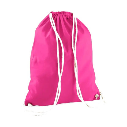 Fuchsiarosa gympapåse i bomull med dragsko och eget logotryck, 140 g/m²