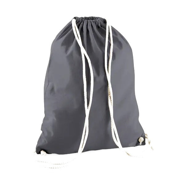 Sacca in cotone con coulisse grigio grafite scuro con stampa del logo personalizzata, 140 g/m²