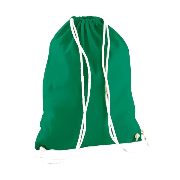 Sacca in cotone con coulisse verde kelly con stampa del logo personalizzata, 140 g/m²