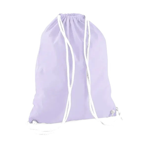 Gymsac à cordon en coton violet lavande avec cordons blancs et impression de logo personnalisée, 140 g/m²