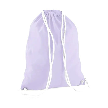 Gymsac à cordon en coton violet lavande avec cordons blancs et impression de logo personnalisée, 140 g/m²