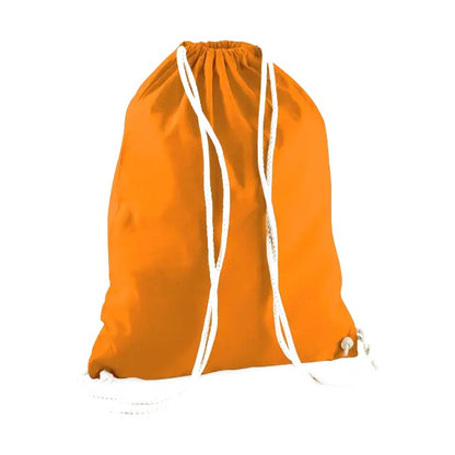 Orange drawstring cotton gymsac with custom logo print, 140 g/m²