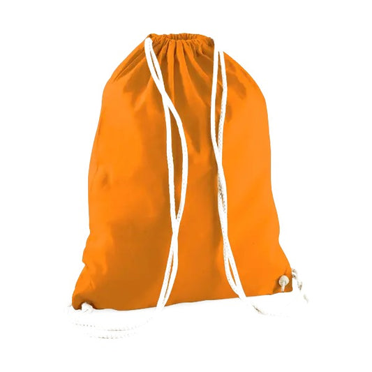Oranssi puuvillainen jumppapussi kiristysnyörillä ja omalla logopainatuksella, 140 g/m²