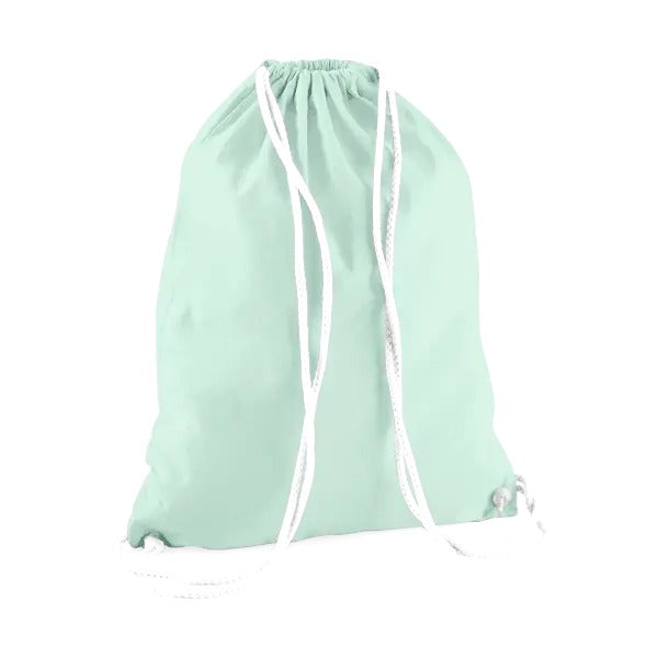 Pastelmintgrøn gymnastikpose i bomuld med snoretræk, hvide snore og eget logotryk, 140 g/m²