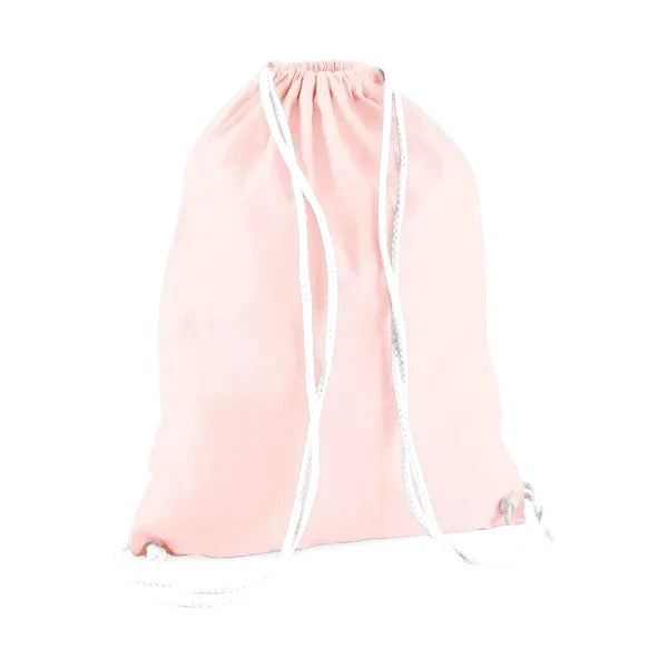 Gymsac de algodón con cordón rosa pastel, con cordones blancos y logotipo estampado personalizado, 140 g/m²