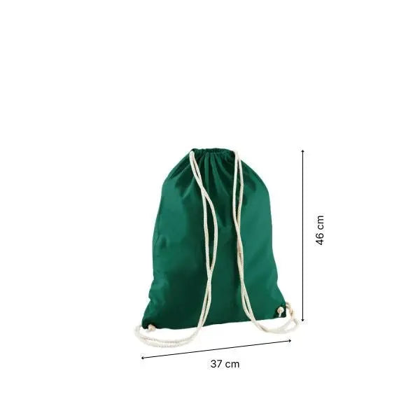 Bottle green drawstring cotton gymsac with custom print, 37 × 46 cm, shown with height and width measurement markings