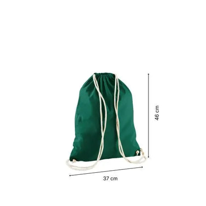 Bottle green drawstring cotton gymsac with custom print, 37 × 46 cm, shown with height and width measurement markings