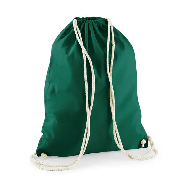 Bottle green drawstring cotton gymsac with custom logo print, 140 g/m²