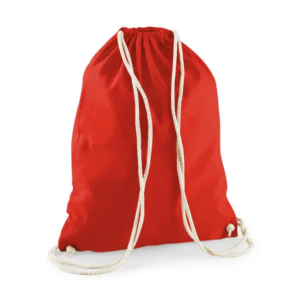 Bright red drawstring cotton gymsac with custom logo print, 140 g/m²