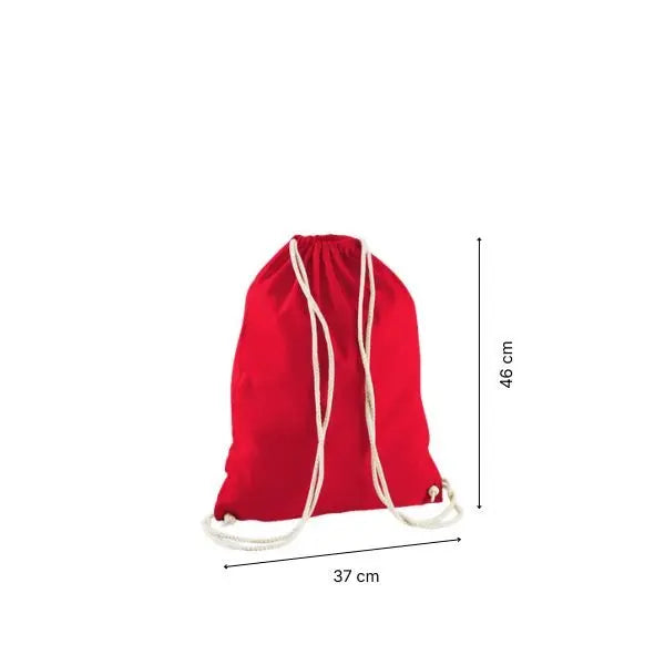 Bright red drawstring cotton gymsac with custom print, 37 × 46 cm, shown with height and width measurement markings