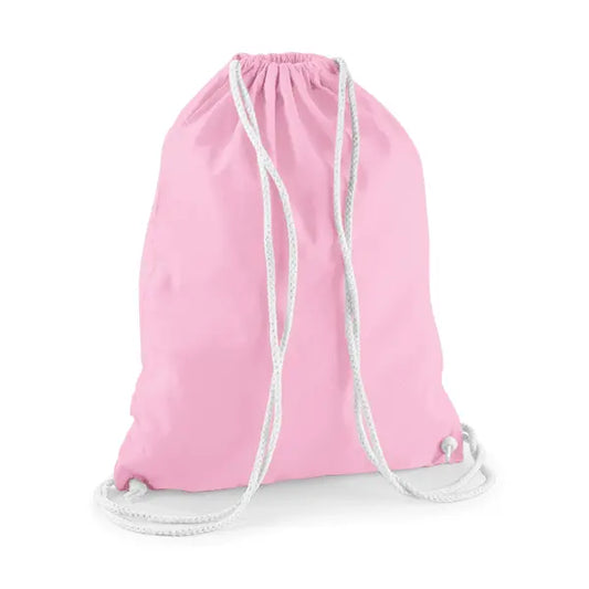 Classic pink drawstring cotton gymsac with white cords and custom logo print, 140 g/m²