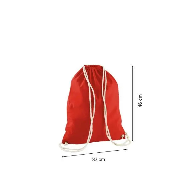 Classic red drawstring cotton gymsac with custom print, 37 × 46 cm, shown with height and width measurement markings