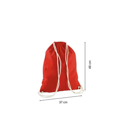 Classic red drawstring cotton gymsac with custom print, 37 × 46 cm, shown with height and width measurement markings