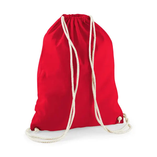 Classic red drawstring cotton gymsac with custom logo print, 140 g/m²