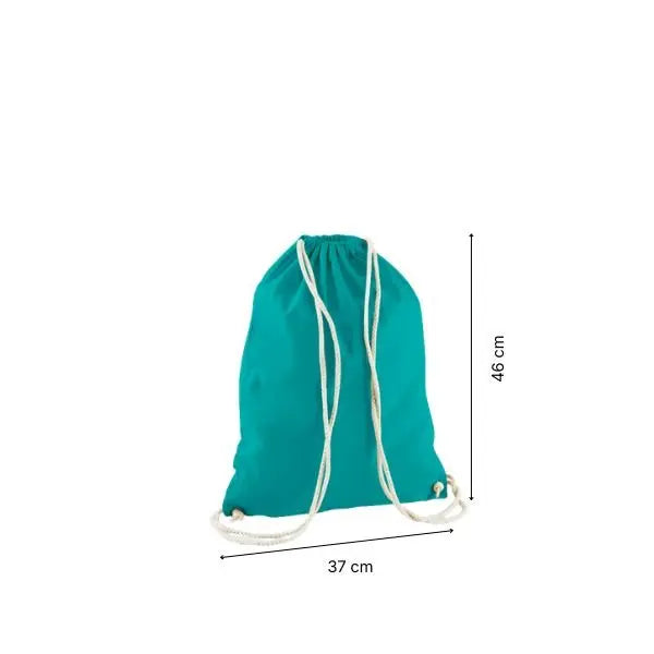 Emerald green drawstring cotton gymsac with custom print, 37 × 46 cm, shown with height and width measurement markings