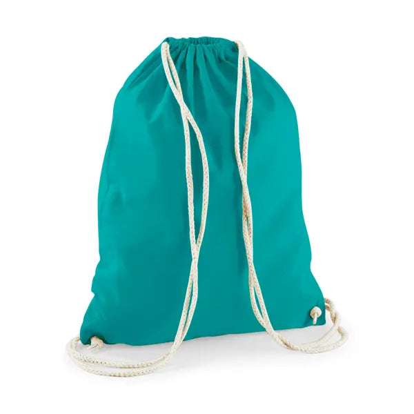 Emerald green drawstring cotton gymsac with custom logo print, 140 g/m²