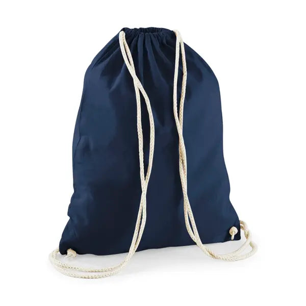 Sacca in cotone con coulisse blu navy con stampa del logo personalizzata, 140 g/m²