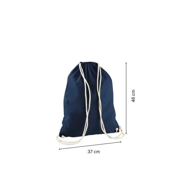 Sacca in cotone con coulisse blu navy e stampa personalizzata, 37 × 46 cm, con indicazioni di altezza e larghezza