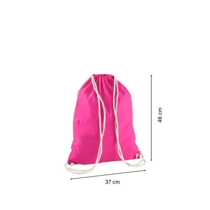 Fuchsiarosa gympapåse i bomull med dragsko och eget tryck, 37 × 46 cm, med höjd- och breddmått utmärkta