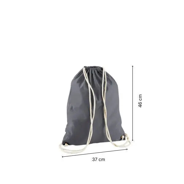 Sacca in cotone con coulisse grigio grafite e stampa personalizzata, 37 × 46 cm, con indicazioni di altezza e larghezza