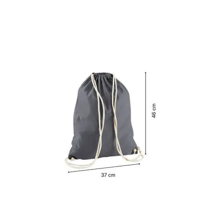 Sacca in cotone con coulisse grigio grafite e stampa personalizzata, 37 × 46 cm, con indicazioni di altezza e larghezza