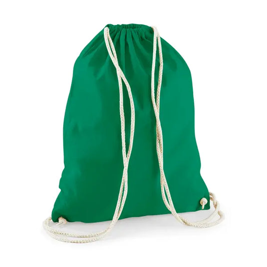 Kelly green drawstring cotton gymsac with custom logo print, 140 g/m²