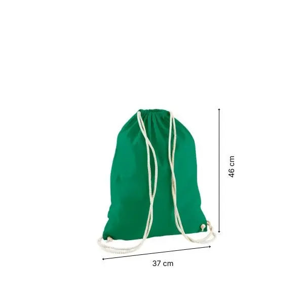 Sacca in cotone con coulisse verde kelly e stampa personalizzata, 37 × 46 cm, con indicazioni di altezza e larghezza