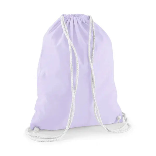 Lavender purple drawstring cotton gymsac with white cords and custom logo print, 140 g/m²