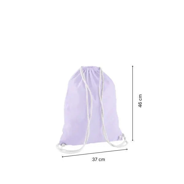 Sac à cordon en coton violet lavande avec impression personnalisée, 37 × 46 cm, avec repères de hauteur et de largeur