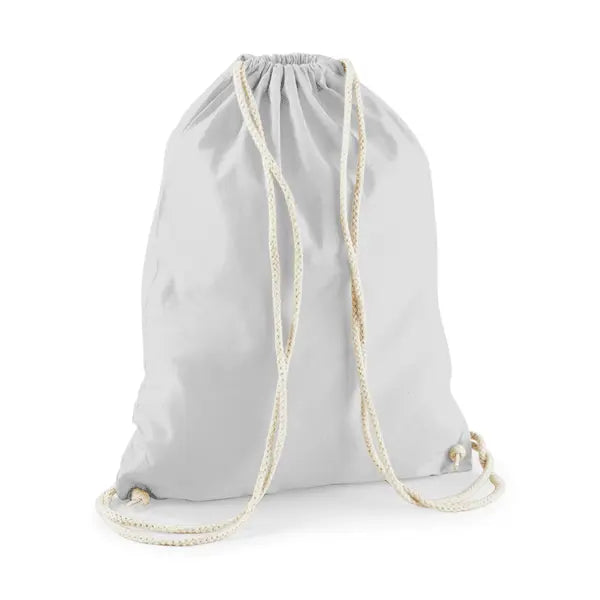 Light grey drawstring cotton gymsac with custom logo print, 140 g/m²