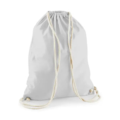 Light grey drawstring cotton gymsac with custom logo print, 140 g/m²