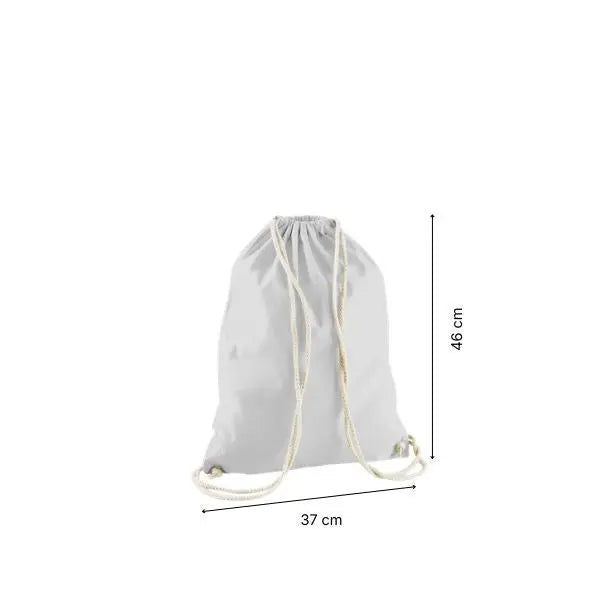 Light grey drawstring cotton gymsac with custom print, 37 × 46 cm, shown with height and width measurement markings